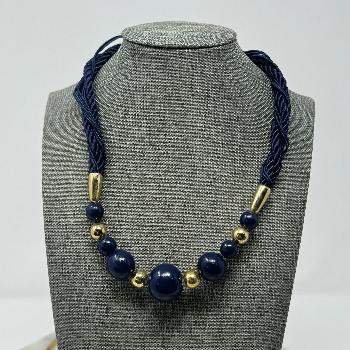 Elegant Blue & Gold Beaded Necklace with Multi-Strand Rope - Modern Statement Jewelry