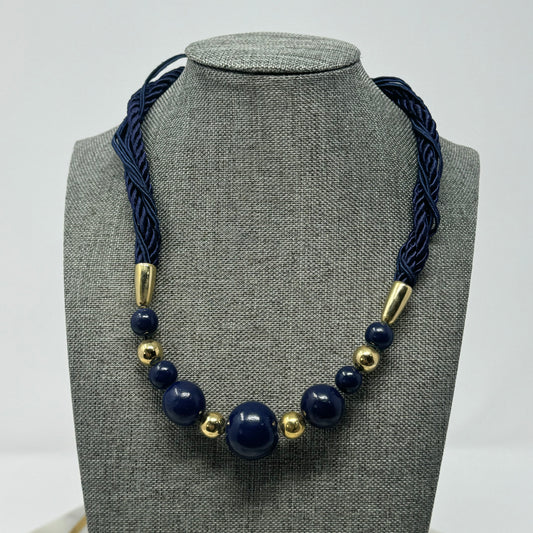Elegant Blue & Gold Beaded Necklace with Multi-Strand Rope - Modern Statement Jewelry