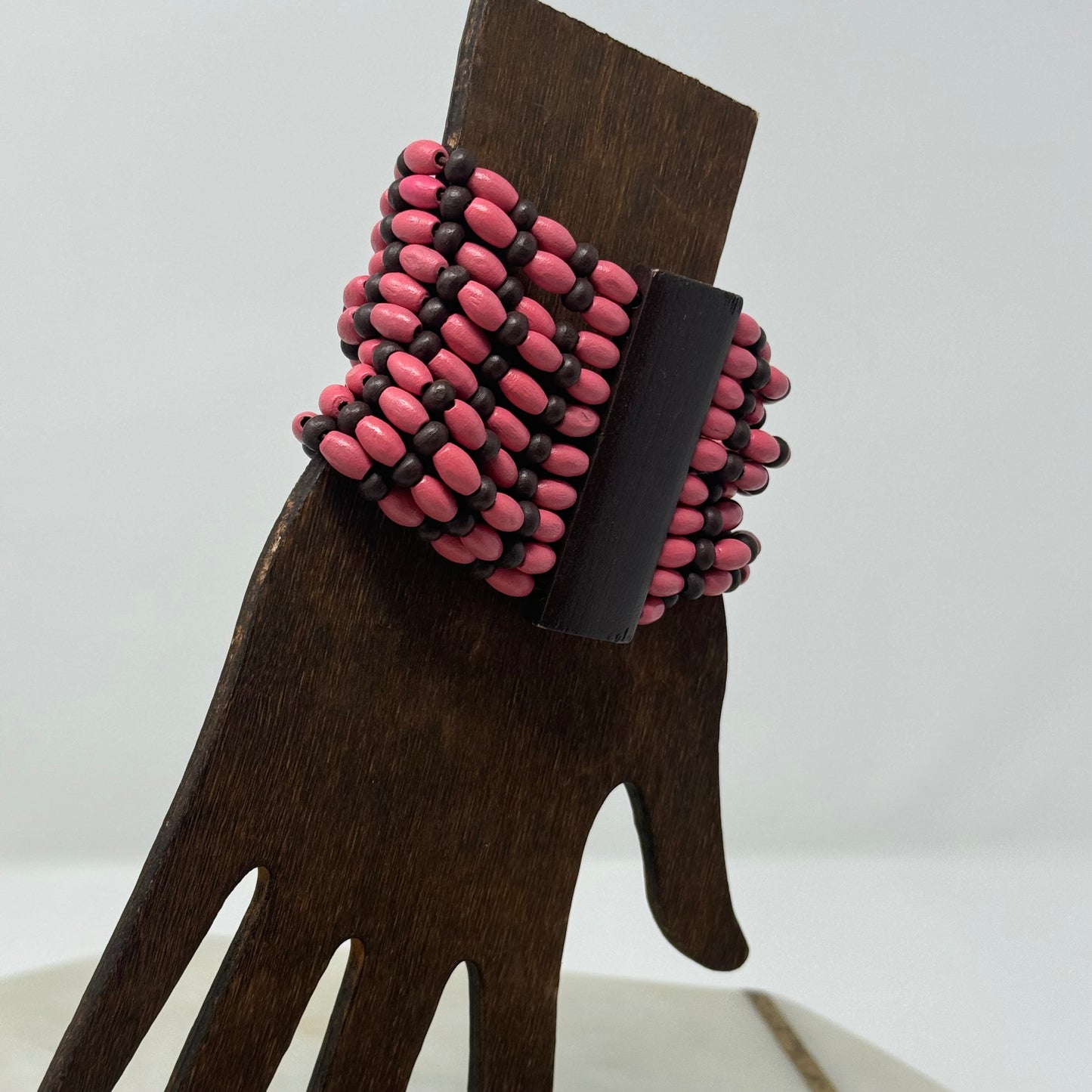 Bracelet Boho Multi-Layer Pink Tall Cuff Bangle Wood Beads 7.75 in Costume Jewelry