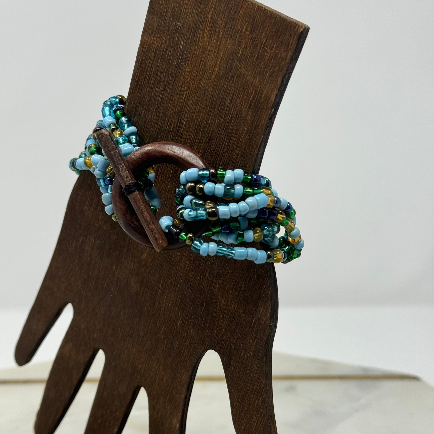 Womens Bracelet Blue Multi-Layer Seed Beaded Cuff Toggle Closure Bracelet 8 in