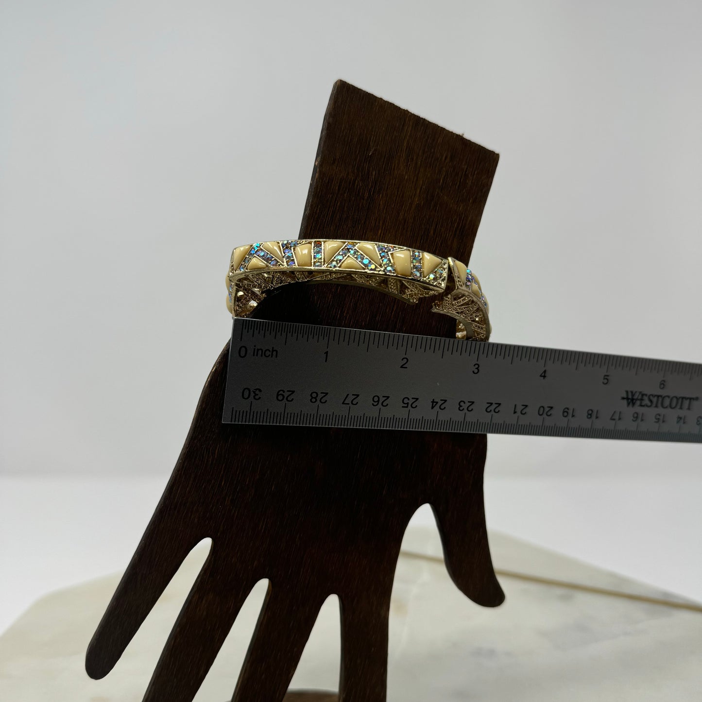 Gold Tone Bangle Bracelet – Enamel Inlay, Rhinestone Accents, Boho Chic, Geometric Design