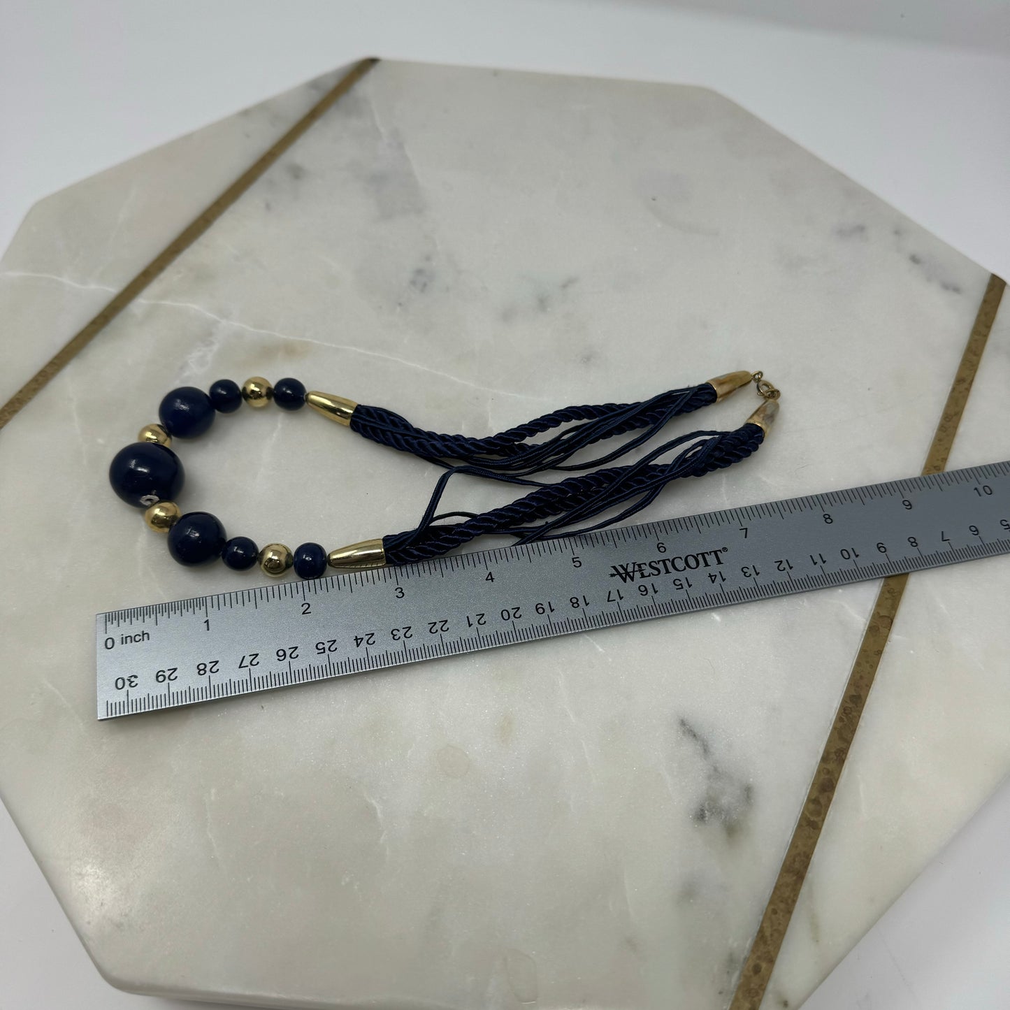 Elegant Blue & Gold Beaded Necklace with Multi-Strand Rope - Modern Statement Jewelry