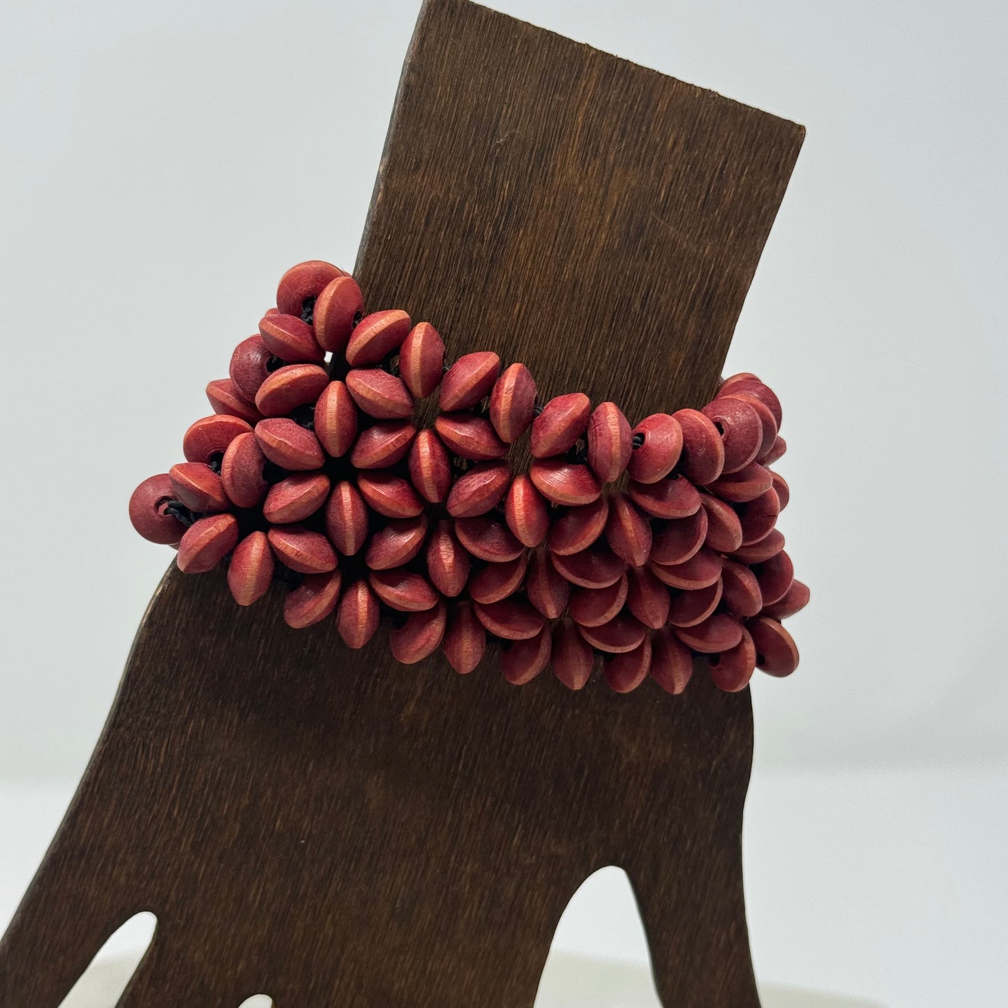 Bracelet Boho Southwest Beaded Cuff Wood Red Multi-Layer 7.75 in