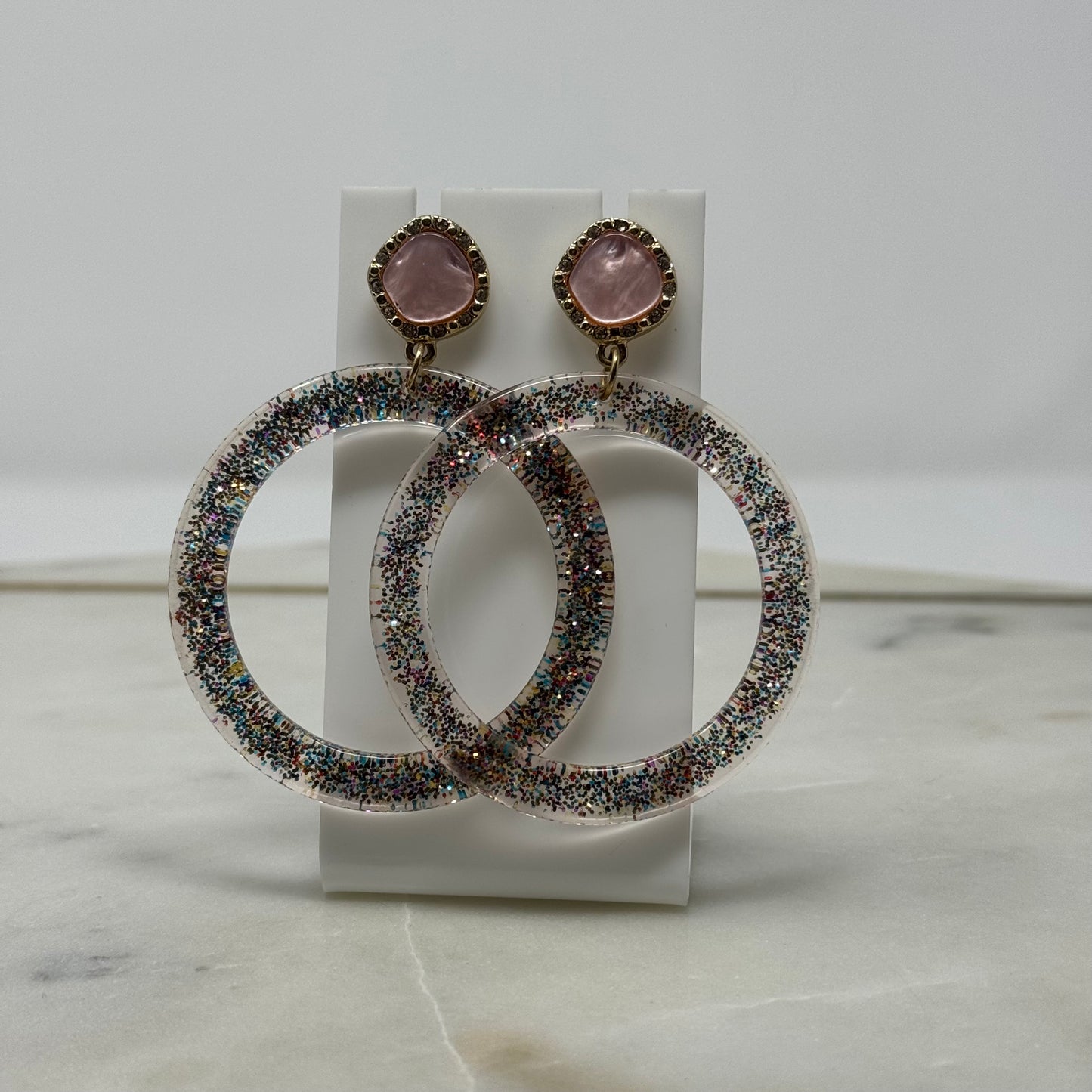 Pink & Gold Glitter Dangle Hoop Earrings