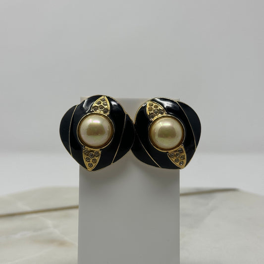 Vintage Black & Gold Accent Pearl Statement Post Earrings