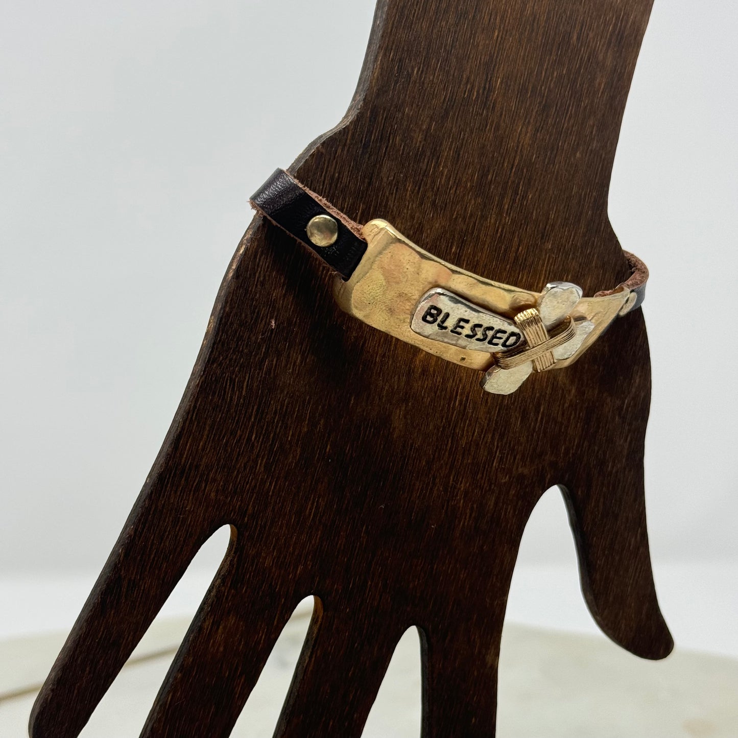 Bracelet Boho Brown Leather Gold Tone Affirmation Cross Blessed Bangle 9.25 in