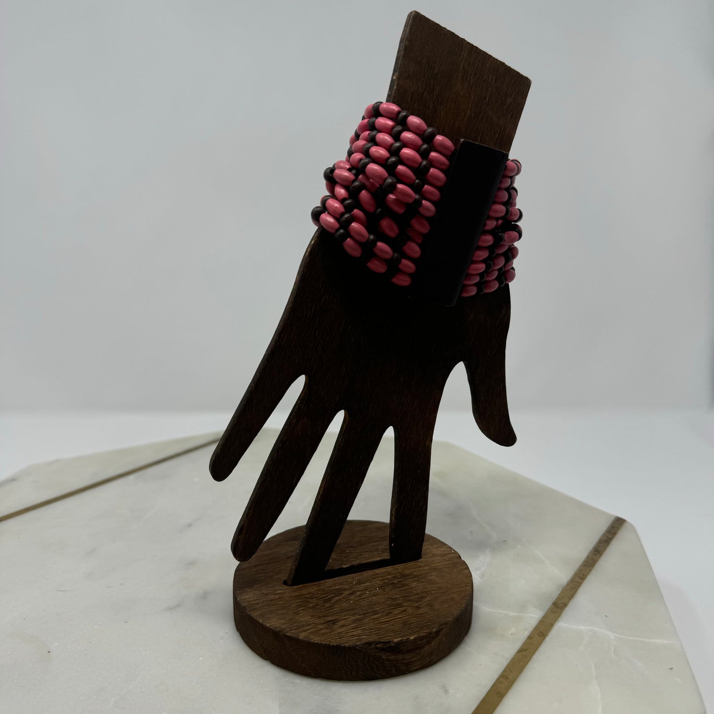 Bracelet Boho Multi-Layer Pink Tall Cuff Bangle Wood Beads 7.75 in Costume Jewelry