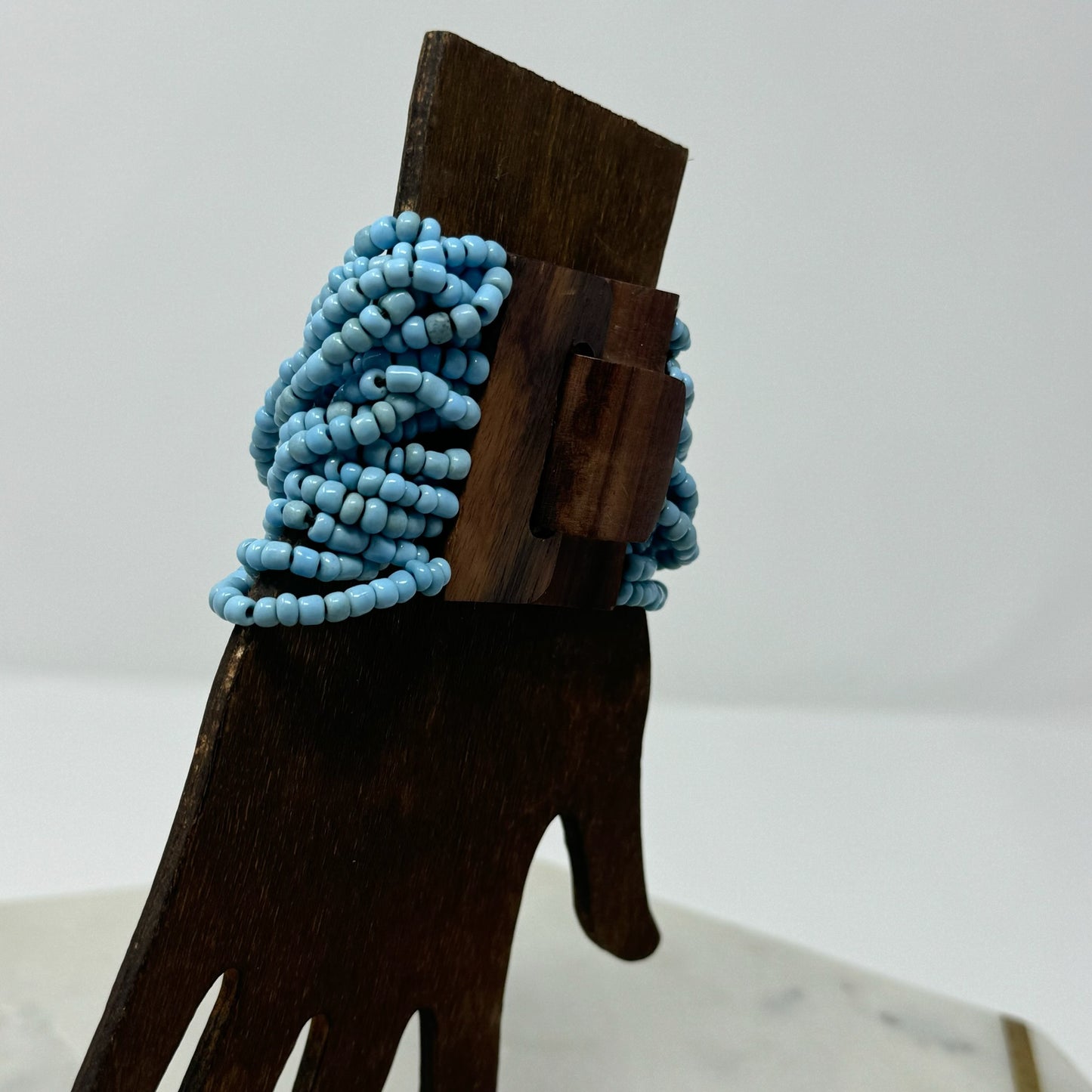 Bracelet Blue Multi-Layer Seed Beaded Cuff Wood Toggle Closure Bracelet 8 in Fashion Jewelry