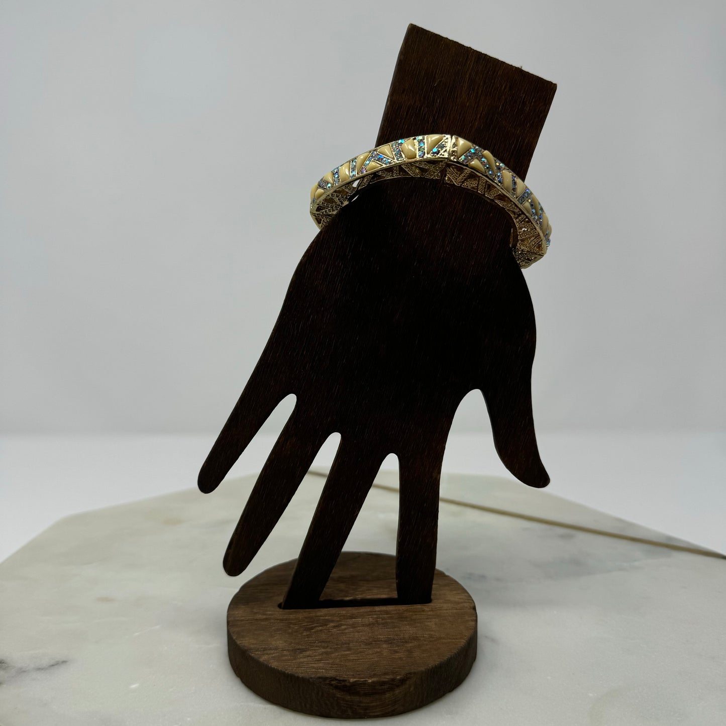 Gold Tone Bangle Bracelet – Enamel Inlay, Rhinestone Accents, Boho Chic, Geometric Design