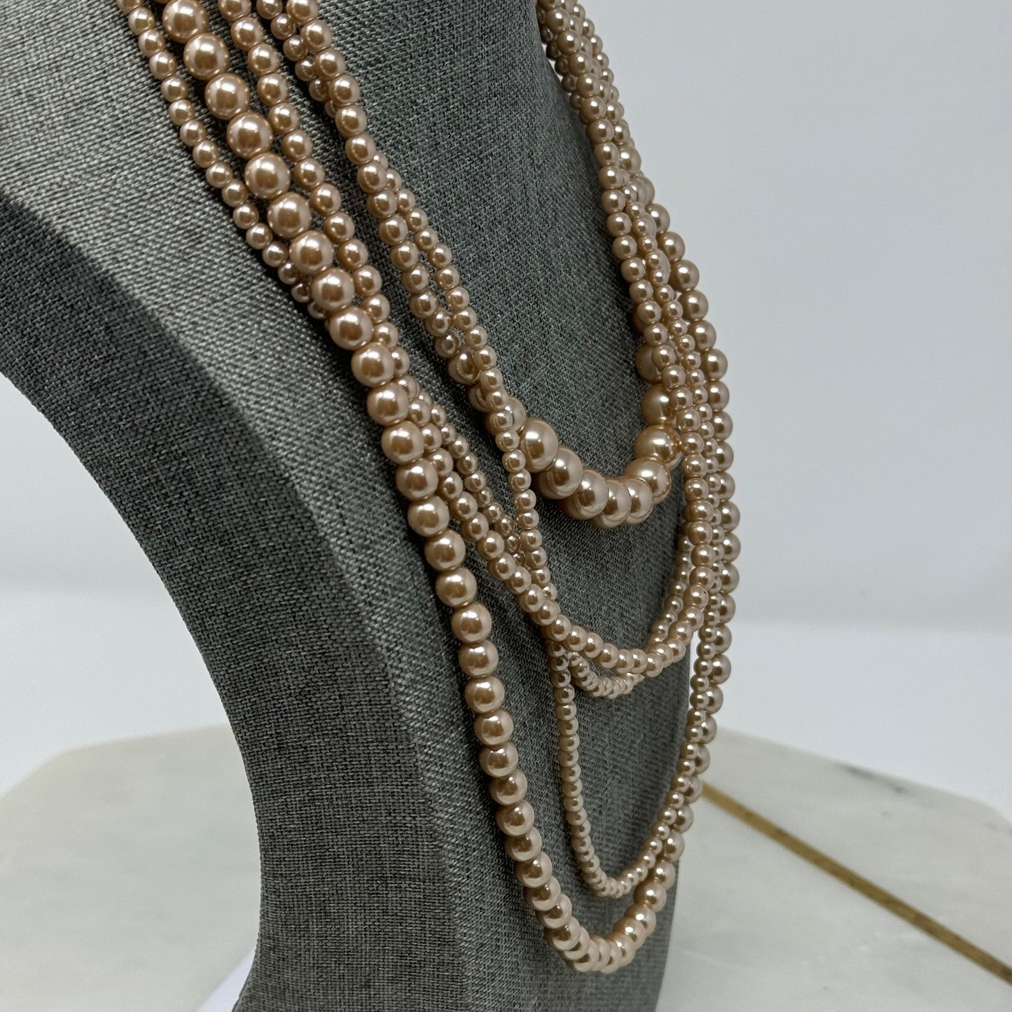 Necklace Statement Beaded Strands Faux Pearl Beige 18 in Costume Jewelry
