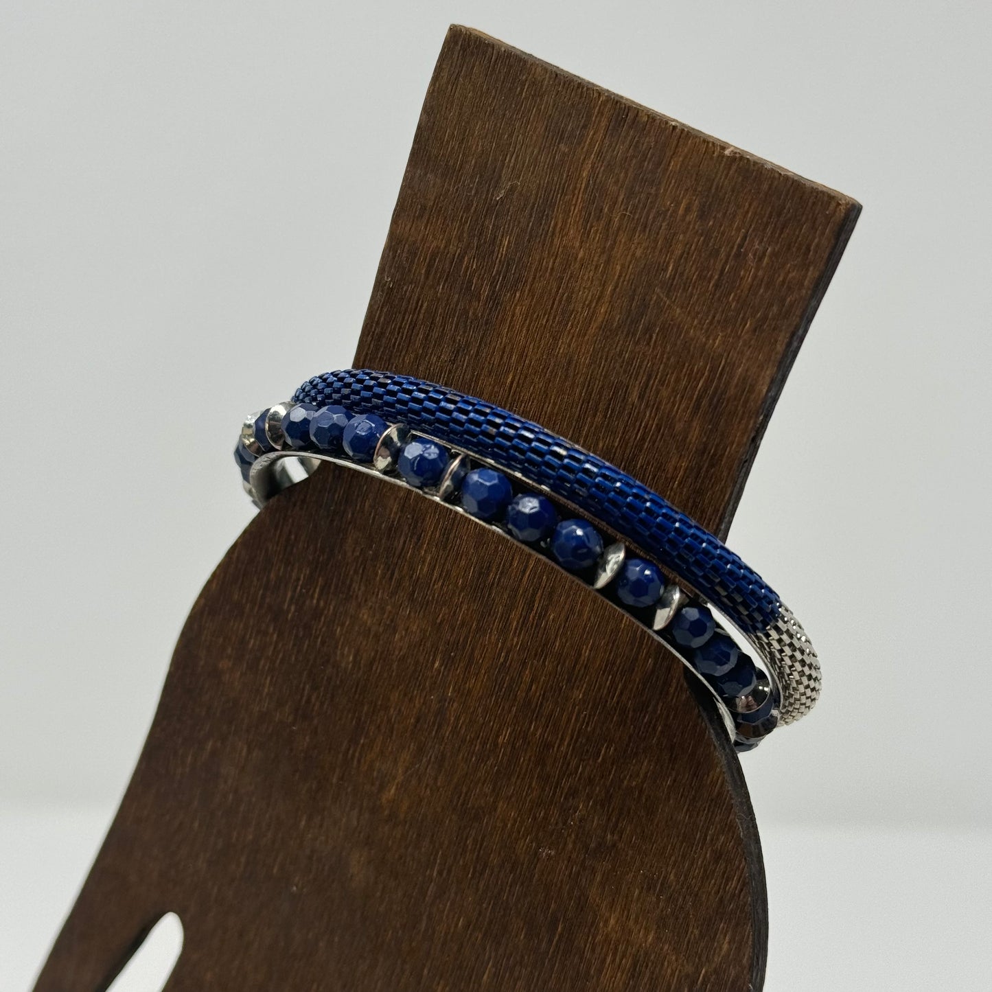 Elegant Blue Beaded Bracelet Set, Bangle Silver Accents, Fashion Jewelry