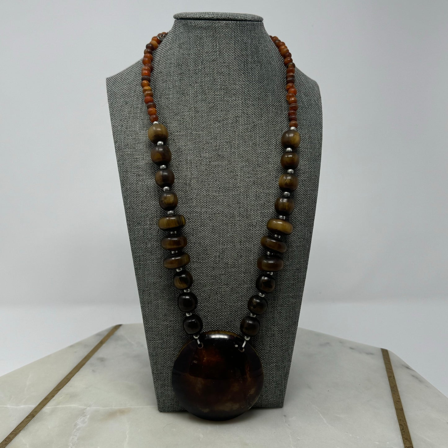 Boho Beaded Statement Necklace with Large Resin Pendant Brown- Handmade Artisan Jewelry