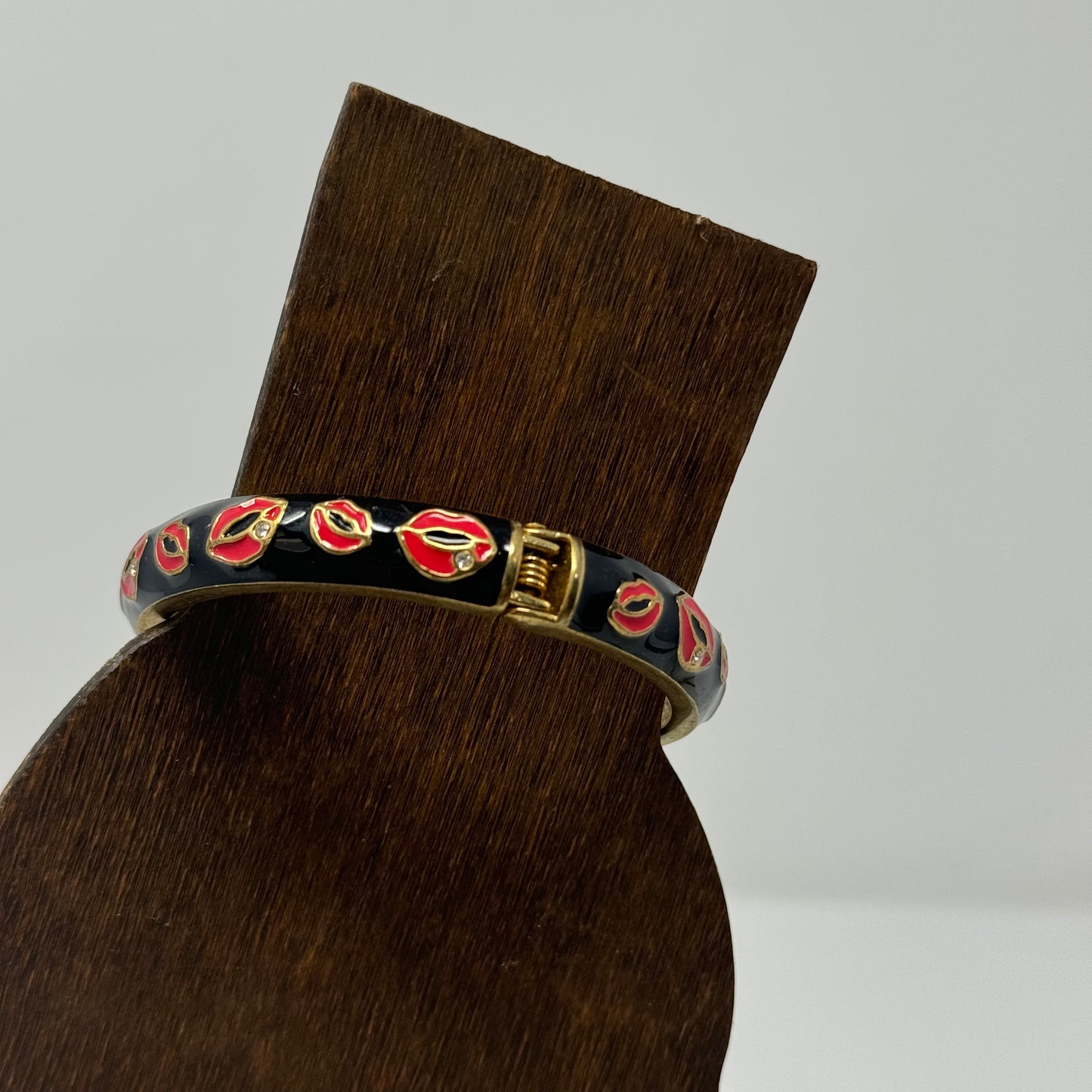 Betsy Johnson Black Enamel Bracelet with Red Lip Design Statement Jewelry