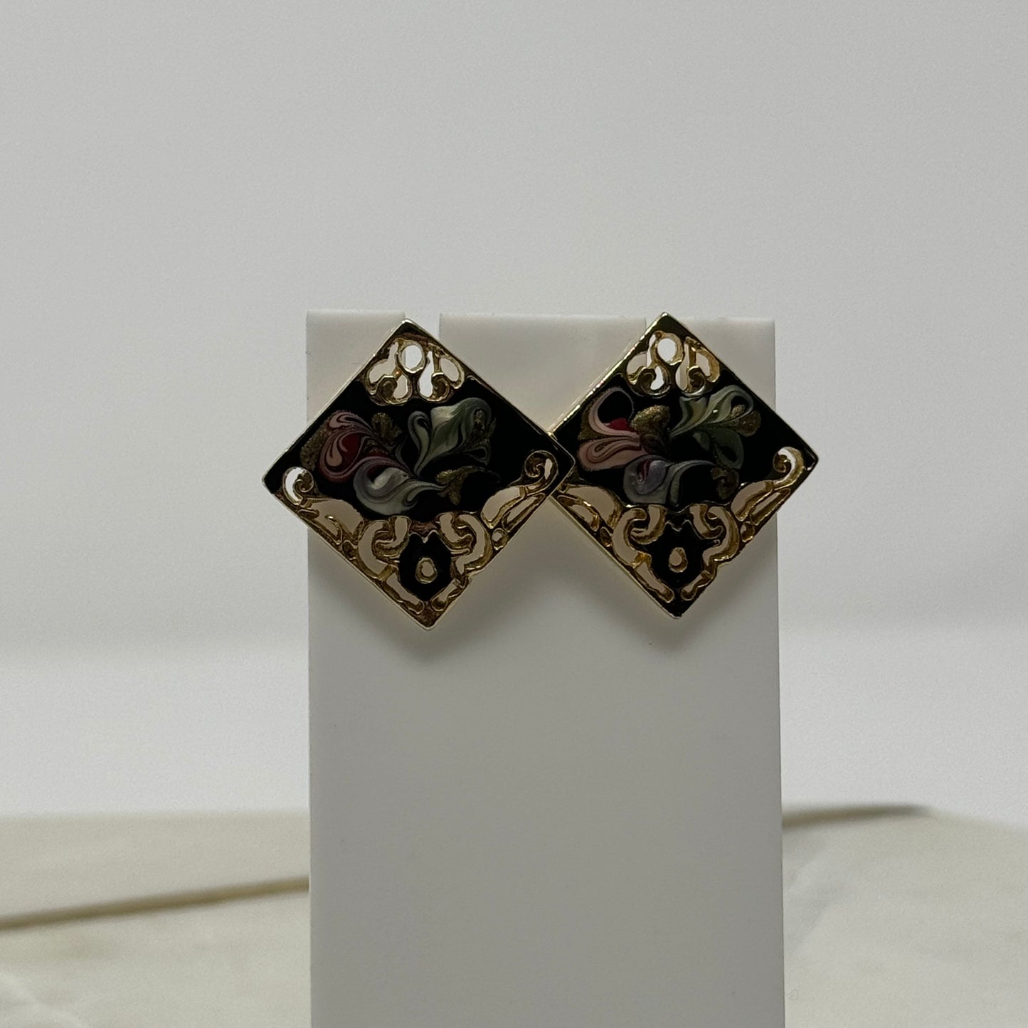 Vintage Intricate Square Enamel Stud Earrings