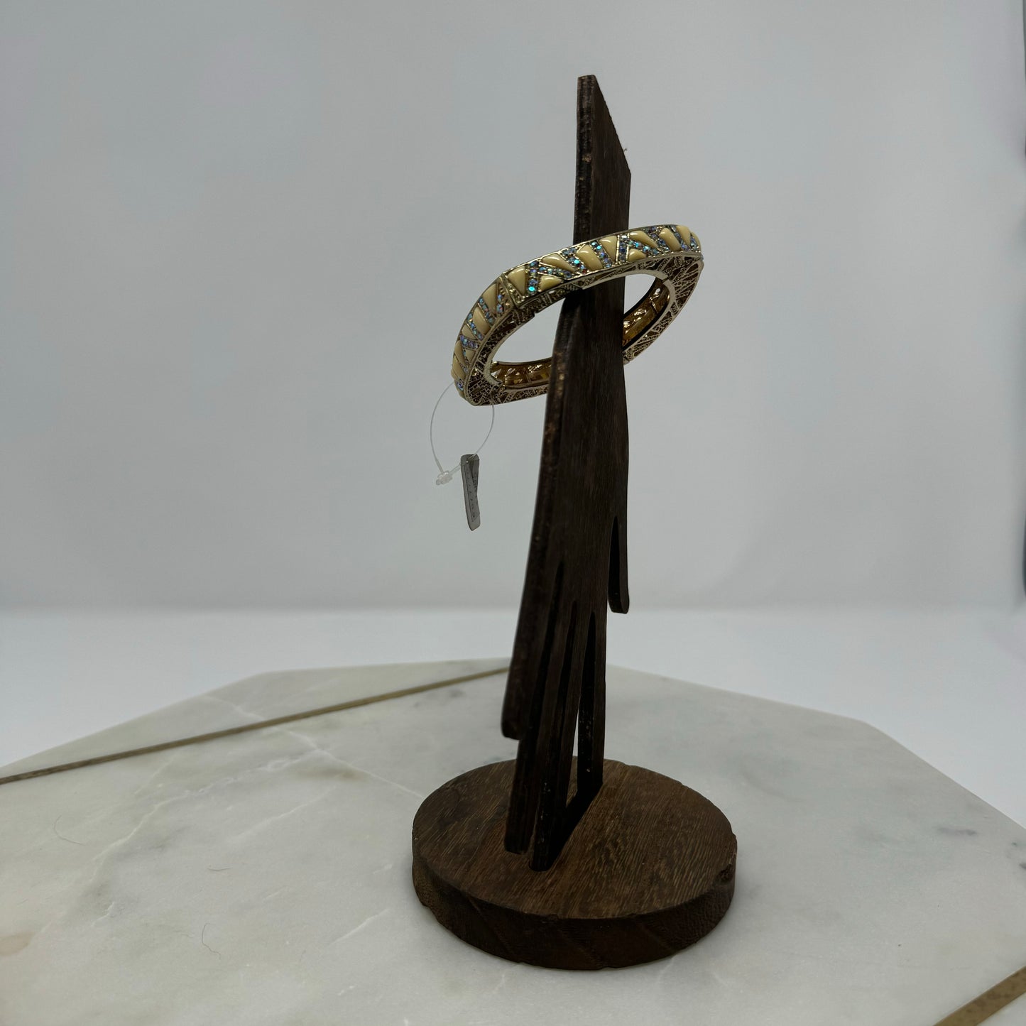 Gold Tone Bangle Bracelet – Enamel Inlay, Rhinestone Accents, Boho Chic, Geometric Design