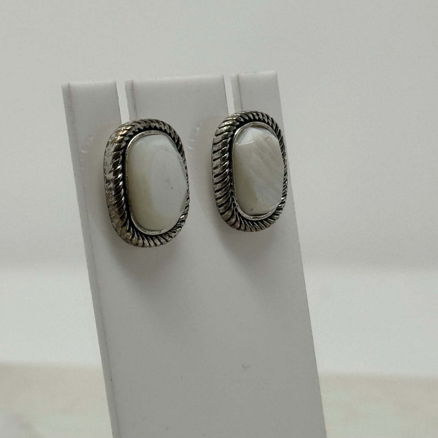 Boho White Shimmer Stone Tribal Silver Post Earrings