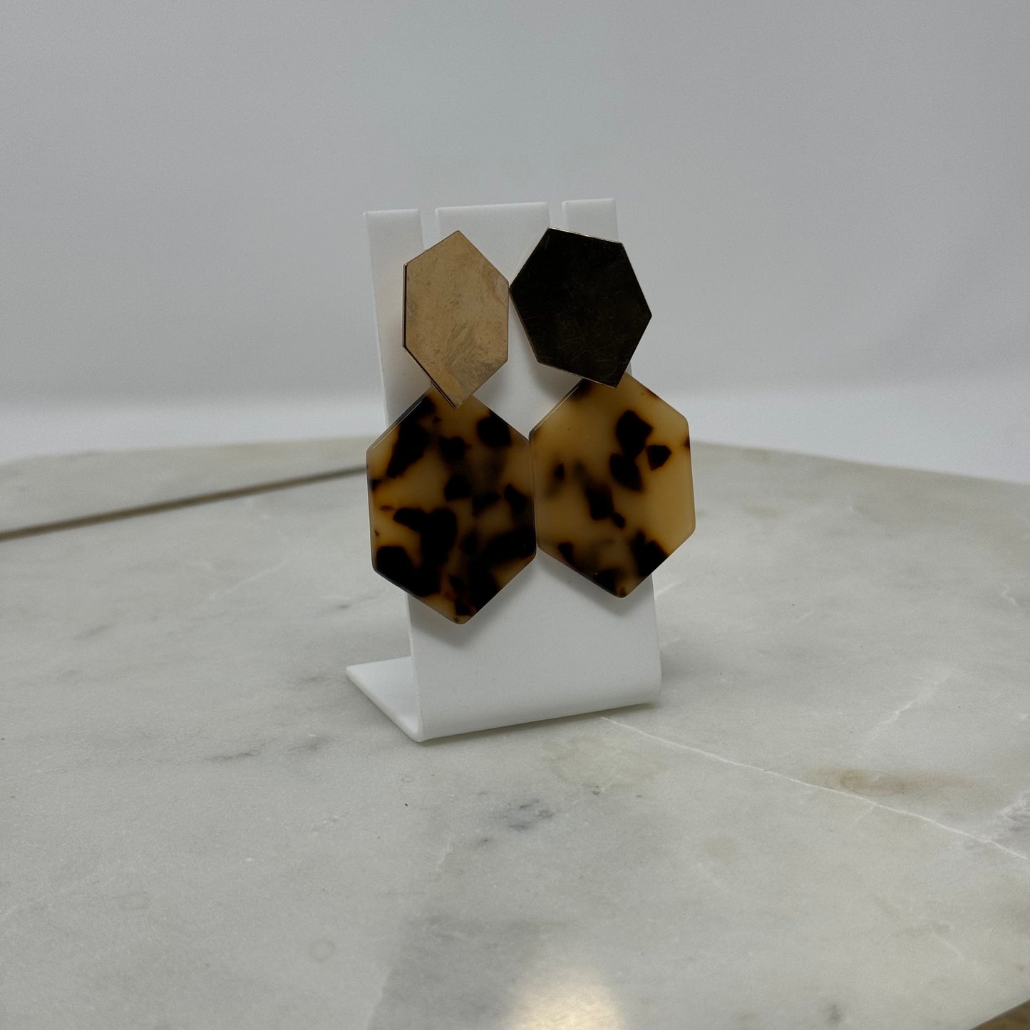 Earrings Boho Southwest Dangle Stud Modern Faux Tortoise Shell Hexagon Gold Tone 2.5 in