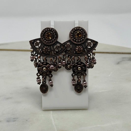Boho Tribal Rhinestone & Pearl Accent Dangle Post Earrings