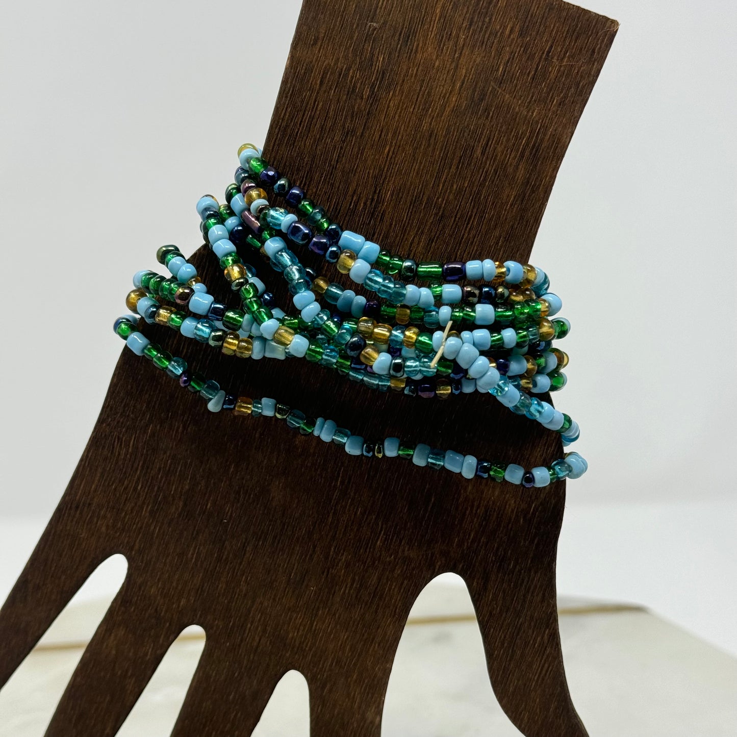 Womens Bracelet Blue Multi-Layer Seed Beaded Cuff Toggle Closure Bracelet 8 in