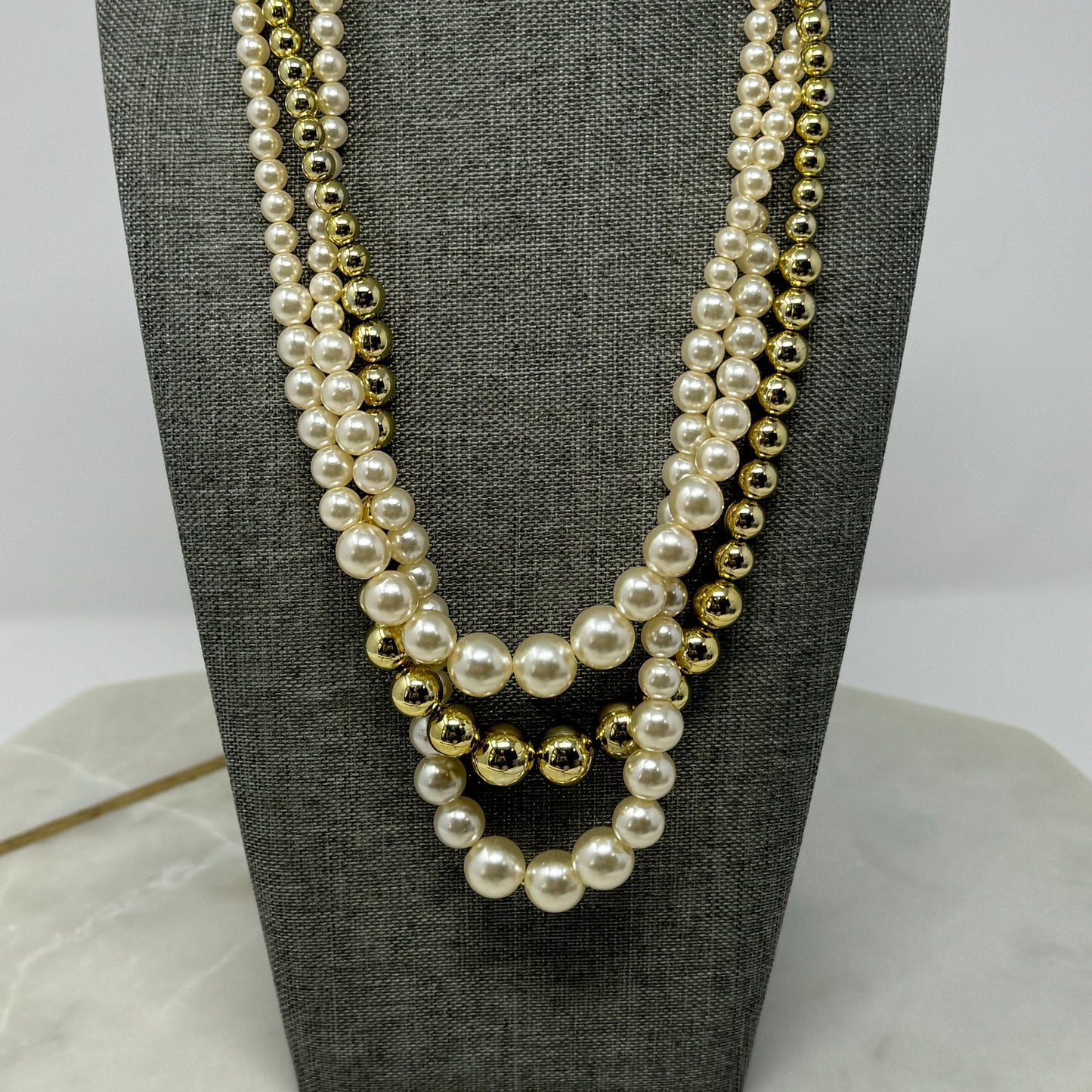 Necklace Statement Layered Beaded Strands Pearl Metallic 18 in Costume Jewelry