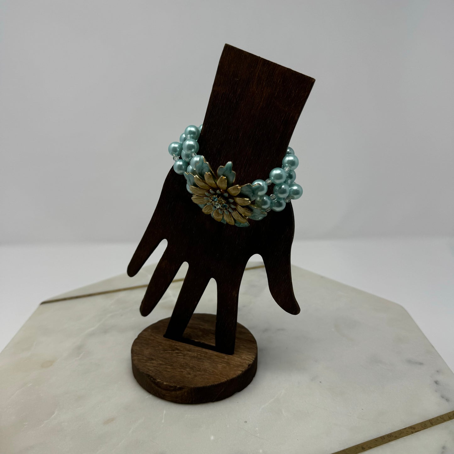 Bracelet Blue Faux Pearl Flower Accent Beaded Multi-Layer 8 in Costume Jewelry