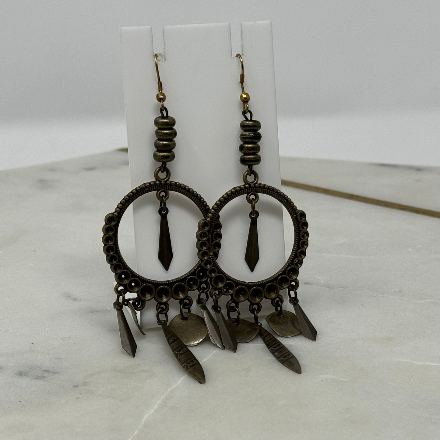 Earrings Boho Southwest Dangles Brass Tone Chandelier Hook 4" Drop Pierced Ear