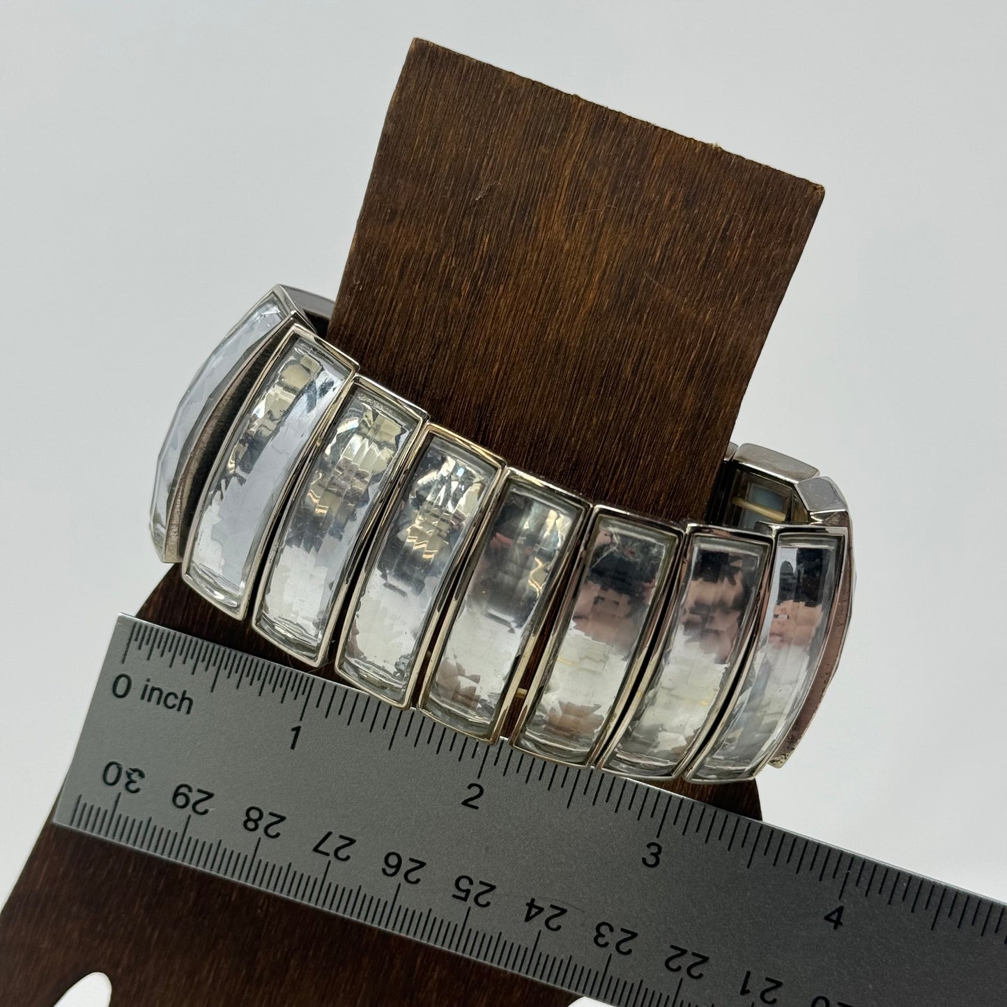 Retro Clear Panel Bracelet - Mid-Century Modern, Chunky Silver Tone Bangle, Retro Statement Jewelry