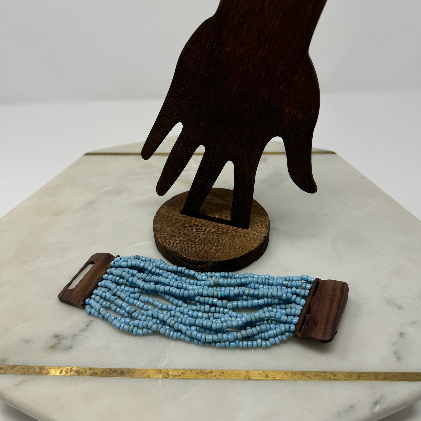 Bracelet Blue Multi-Layer Seed Beaded Cuff Wood Toggle Closure Bracelet 8 in Fashion Jewelry