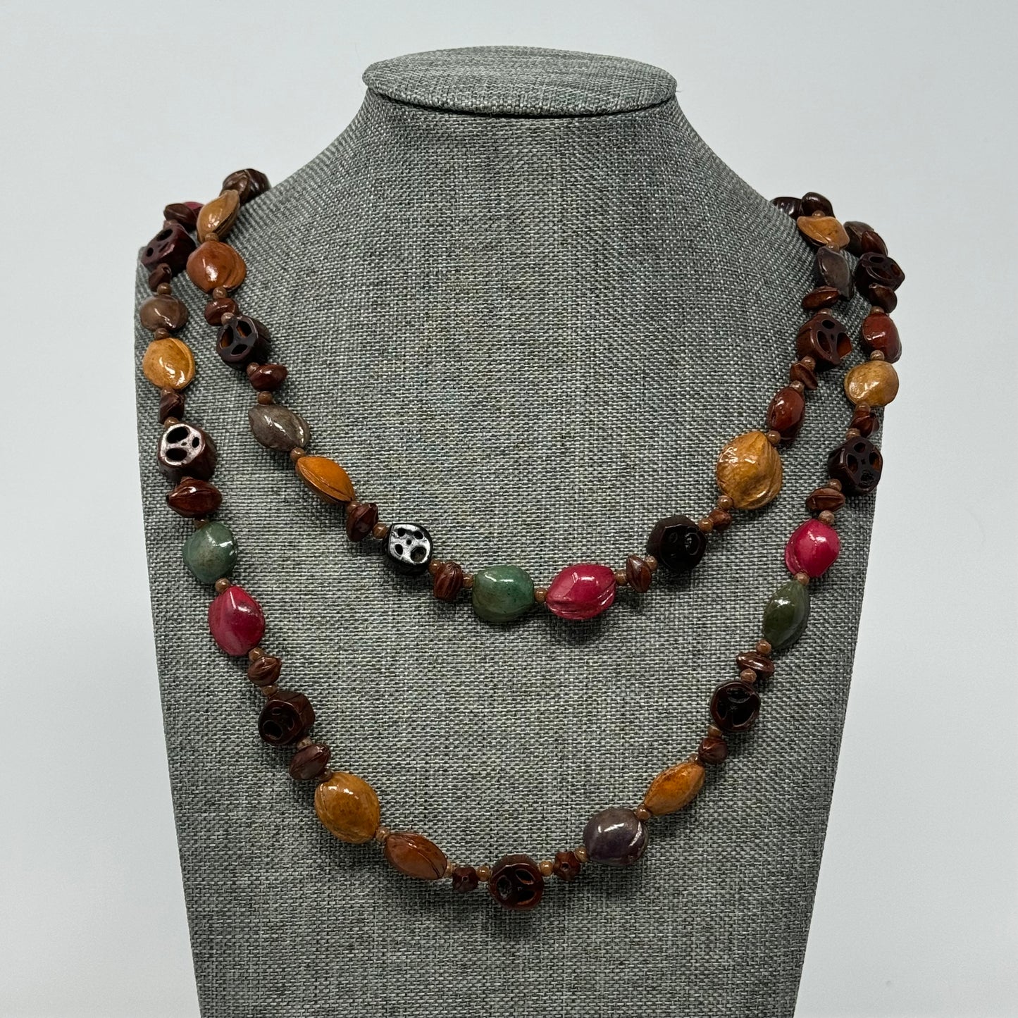 Artisan Hand-carved Bead Necklace - Boho Multi-Colored Statement Jewelry Handmade