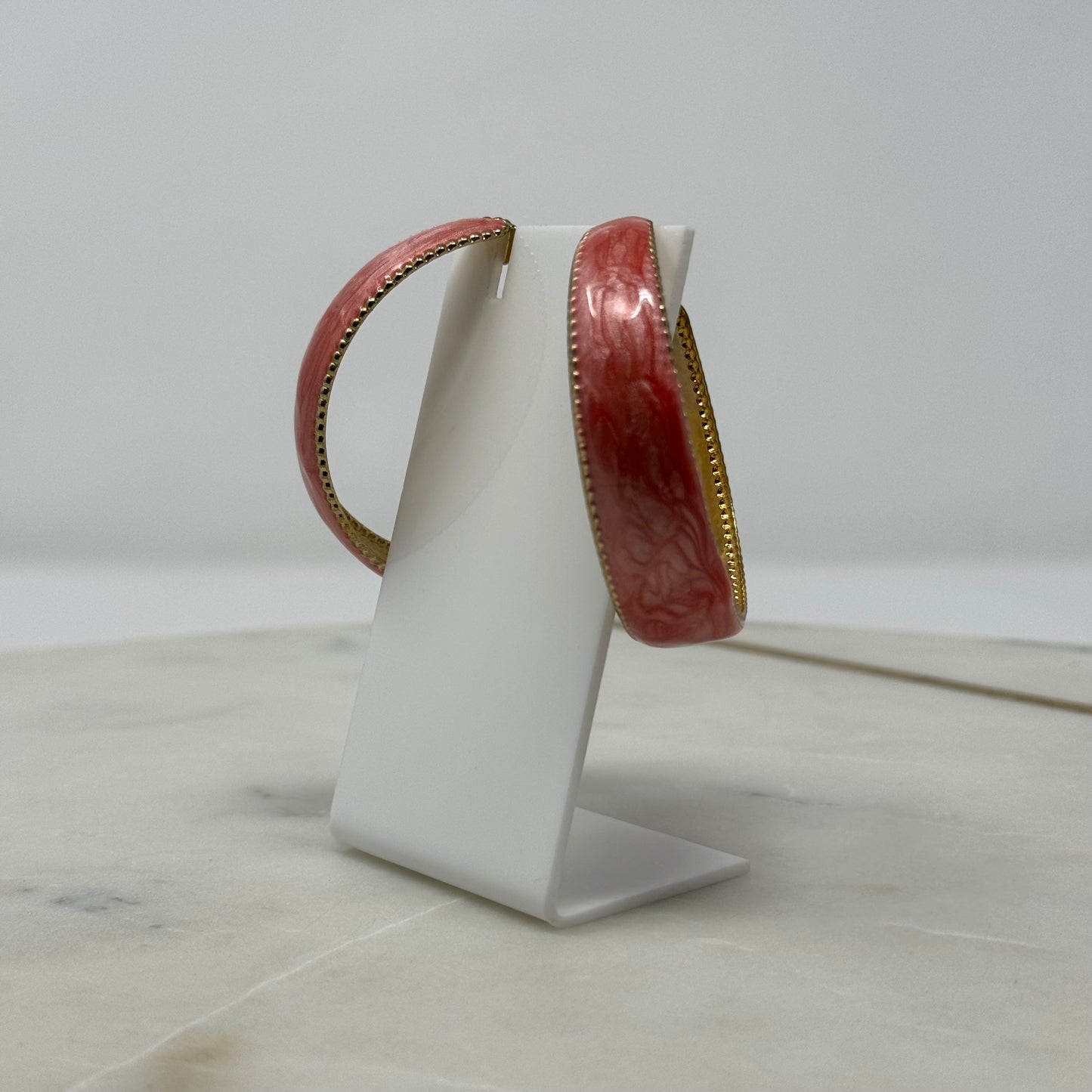 Large Coral Enamel & Gold Hoop Earrings