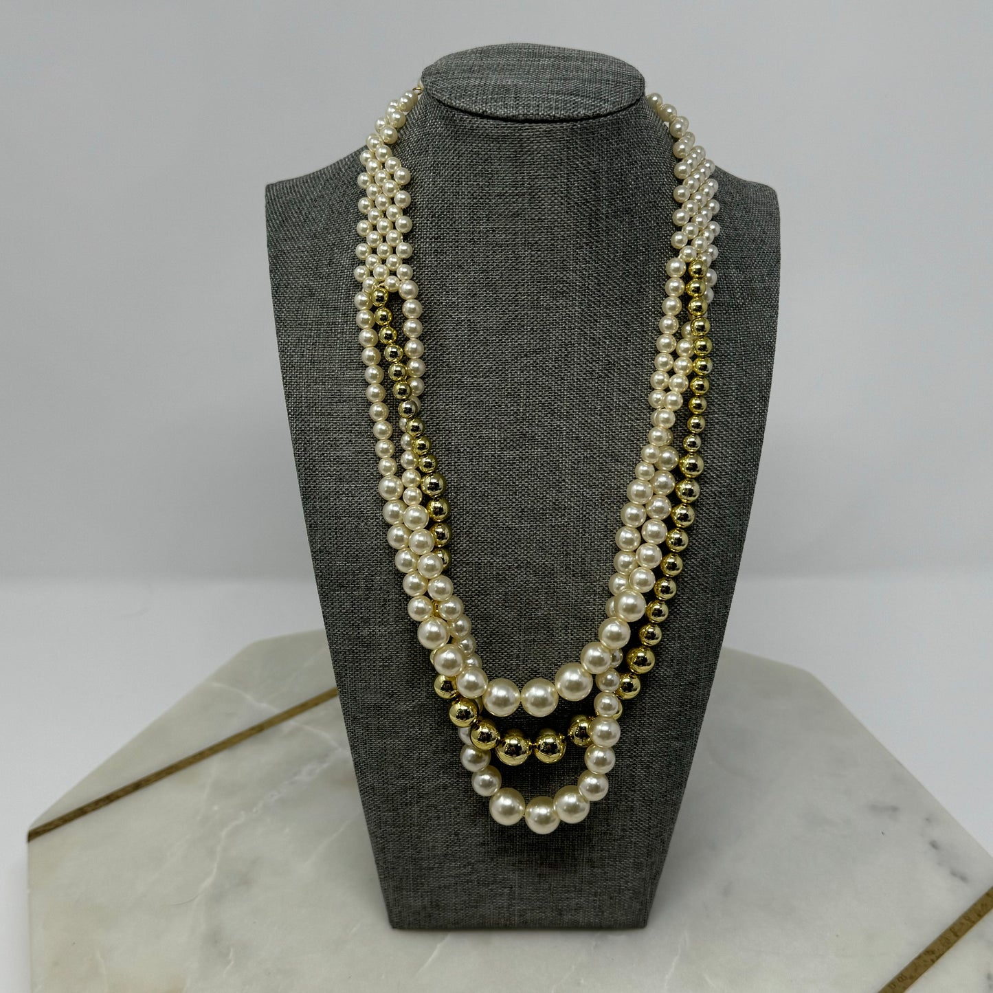 Necklace Statement Layered Beaded Strands Pearl Metallic 18 in Costume Jewelry