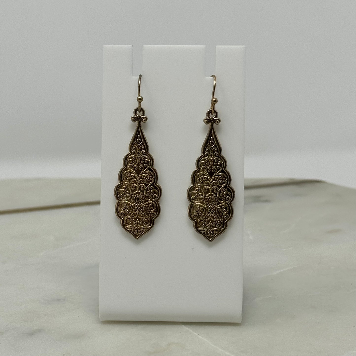 Earrings Boho Southwest Gold Tone Detailed Ornate Teardrop Dangle Hook 2 in