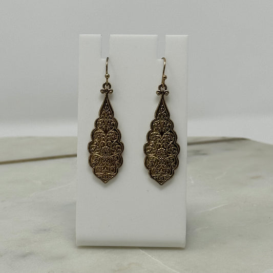 Earrings Boho Southwest Gold Tone Detailed Ornate Teardrop Dangle Hook 2 in