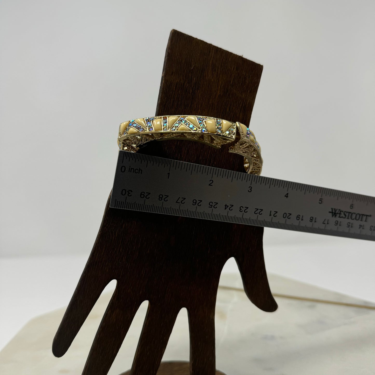 Gold Tone Bangle Bracelet – Enamel Inlay, Rhinestone Accents, Boho Chic, Geometric Design