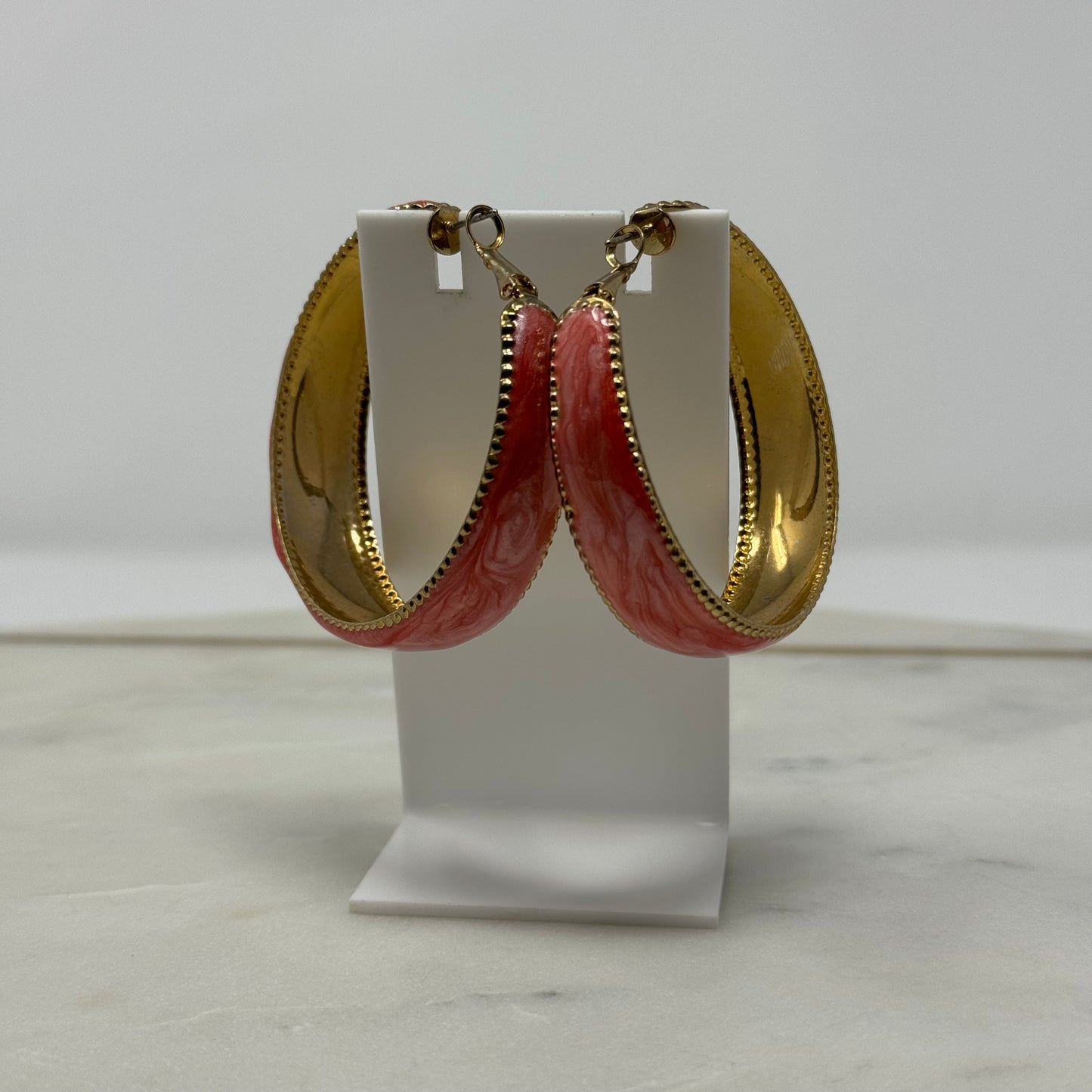 Large Coral Enamel & Gold Hoop Earrings