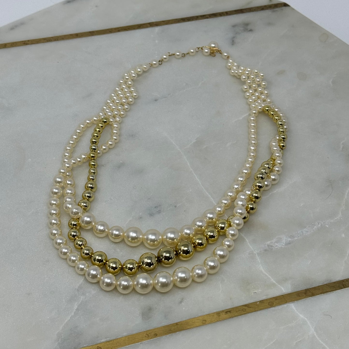 Necklace Statement Layered Beaded Strands Pearl Metallic 18 in Costume Jewelry