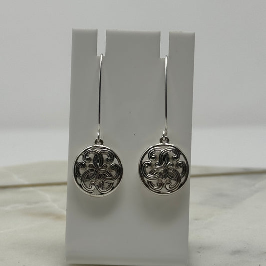 Round Silver Intricate Dangle Long Hook Earrings