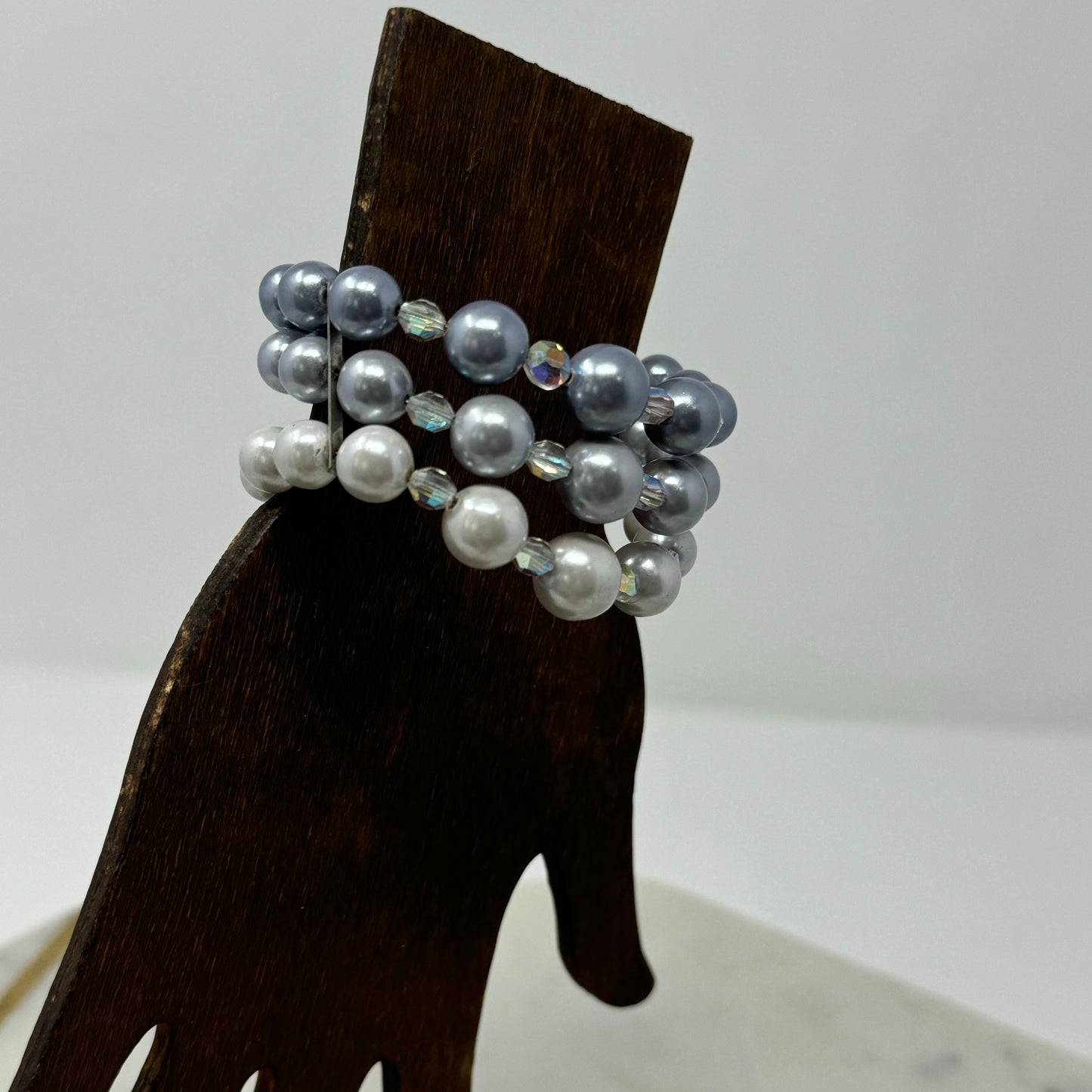 Bracelet Faux Pearl Multi Row Silver Tone Beaded Rhinestone Spacer Wrap Cuff Bangle 6 Inch