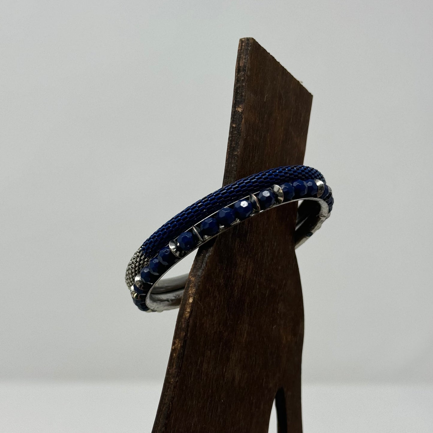 Elegant Blue Beaded Bracelet Set, Bangle Silver Accents, Fashion Jewelry