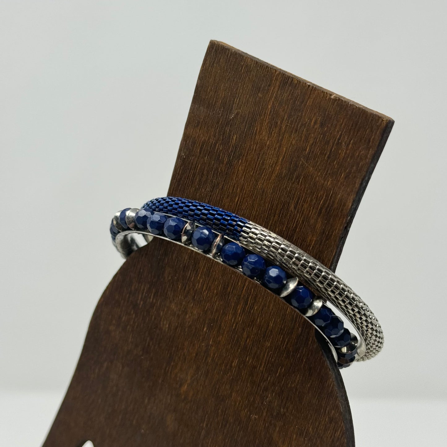 Elegant Blue Beaded Bracelet Set, Bangle Silver Accents, Fashion Jewelry