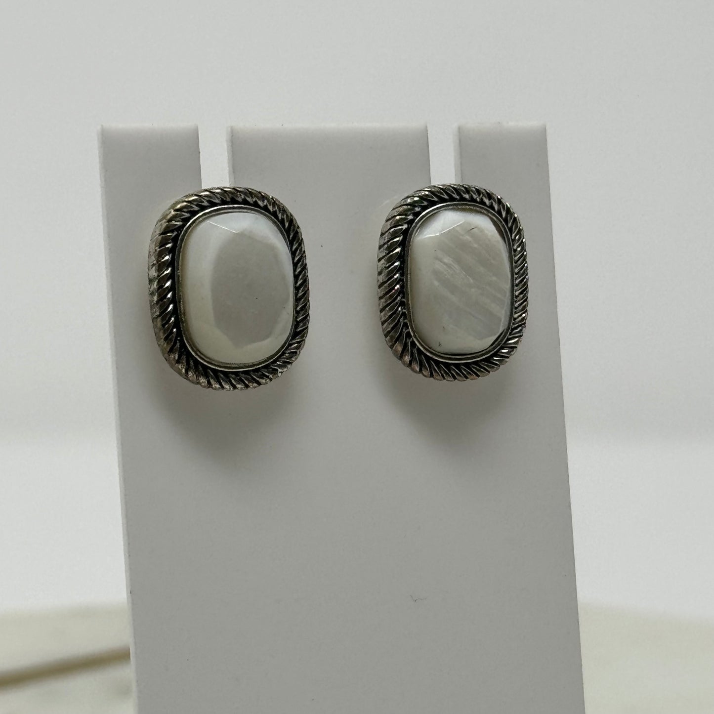 Boho White Shimmer Stone Tribal Silver Post Earrings