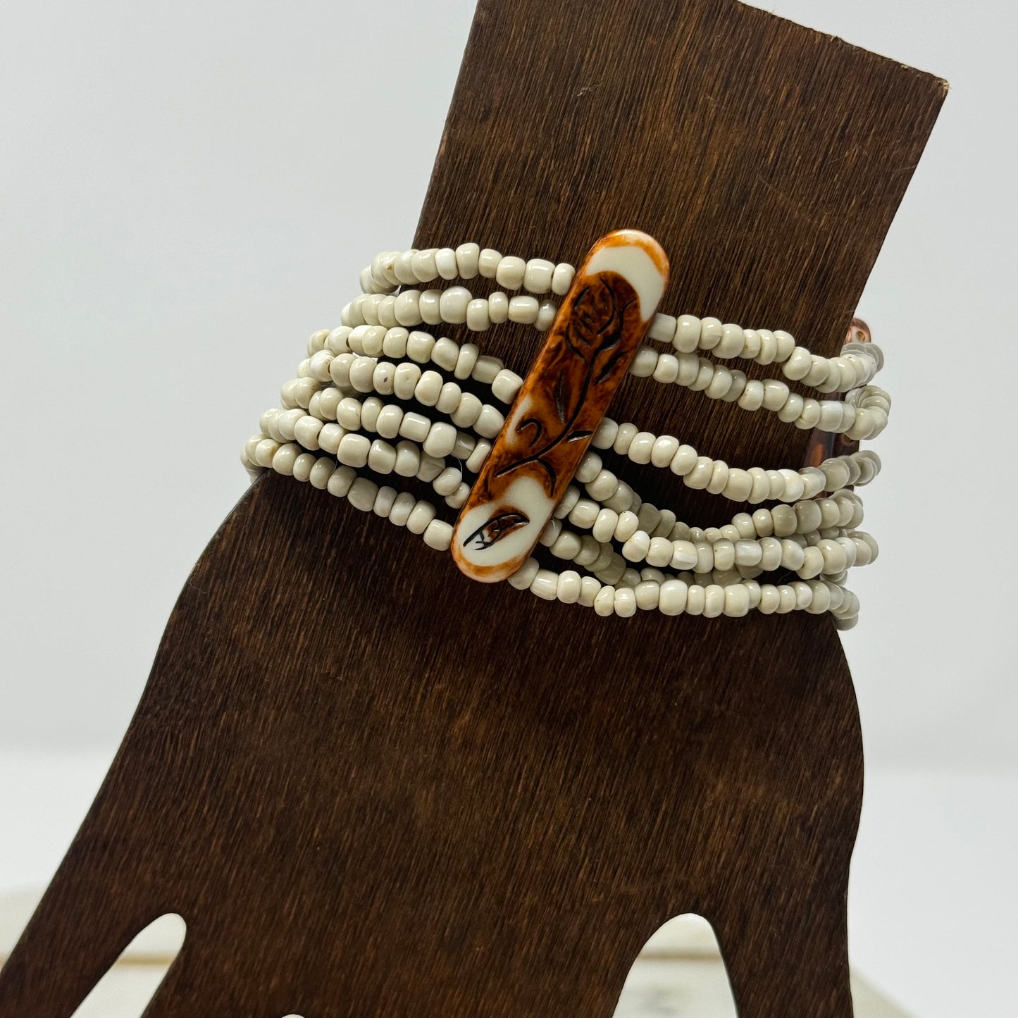 Bracelet Boho Statement Carved Rose Multi-Layer Seed Beaded Cuff 7 in