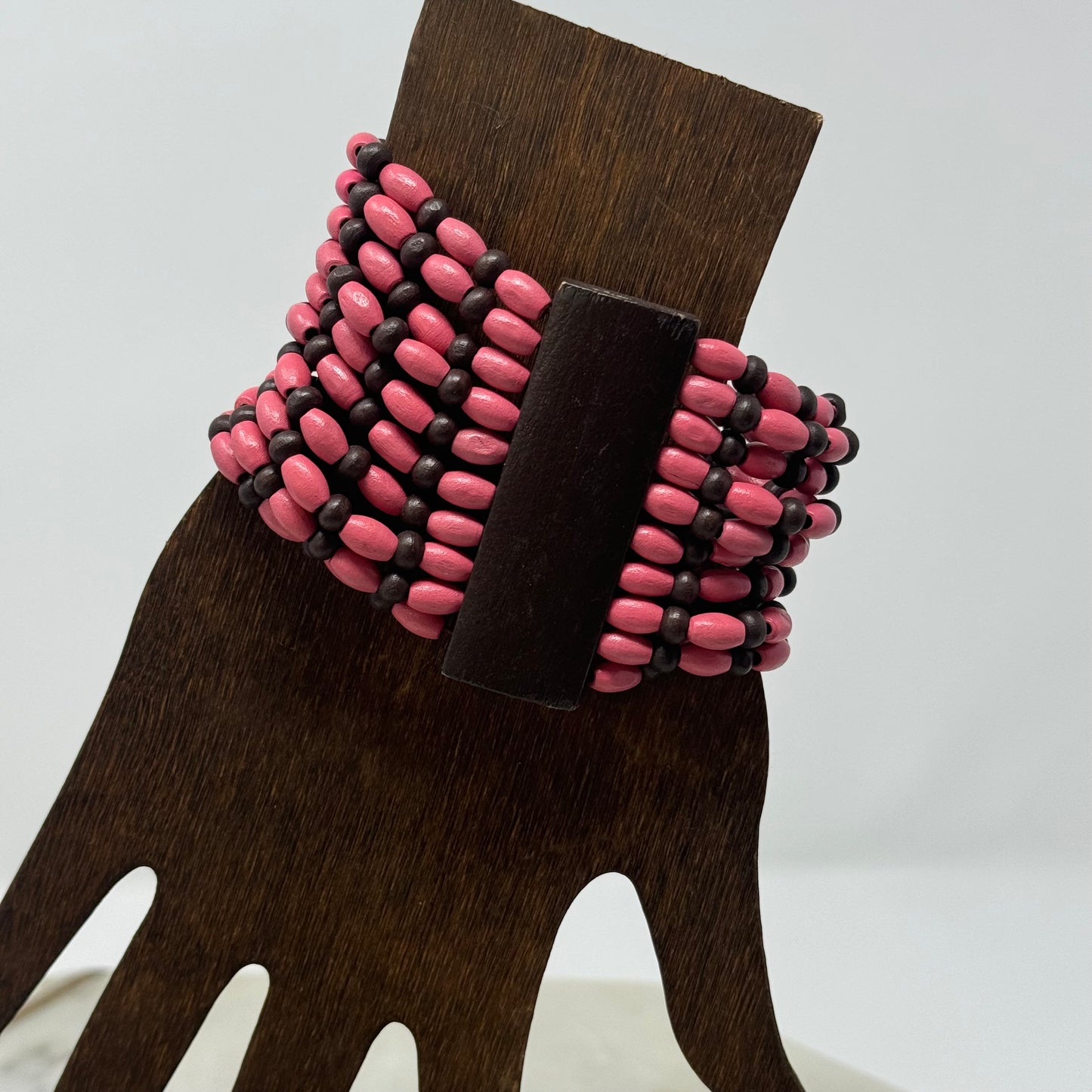 Bracelet Boho Multi-Layer Pink Tall Cuff Bangle Wood Beads 7.75 in Costume Jewelry