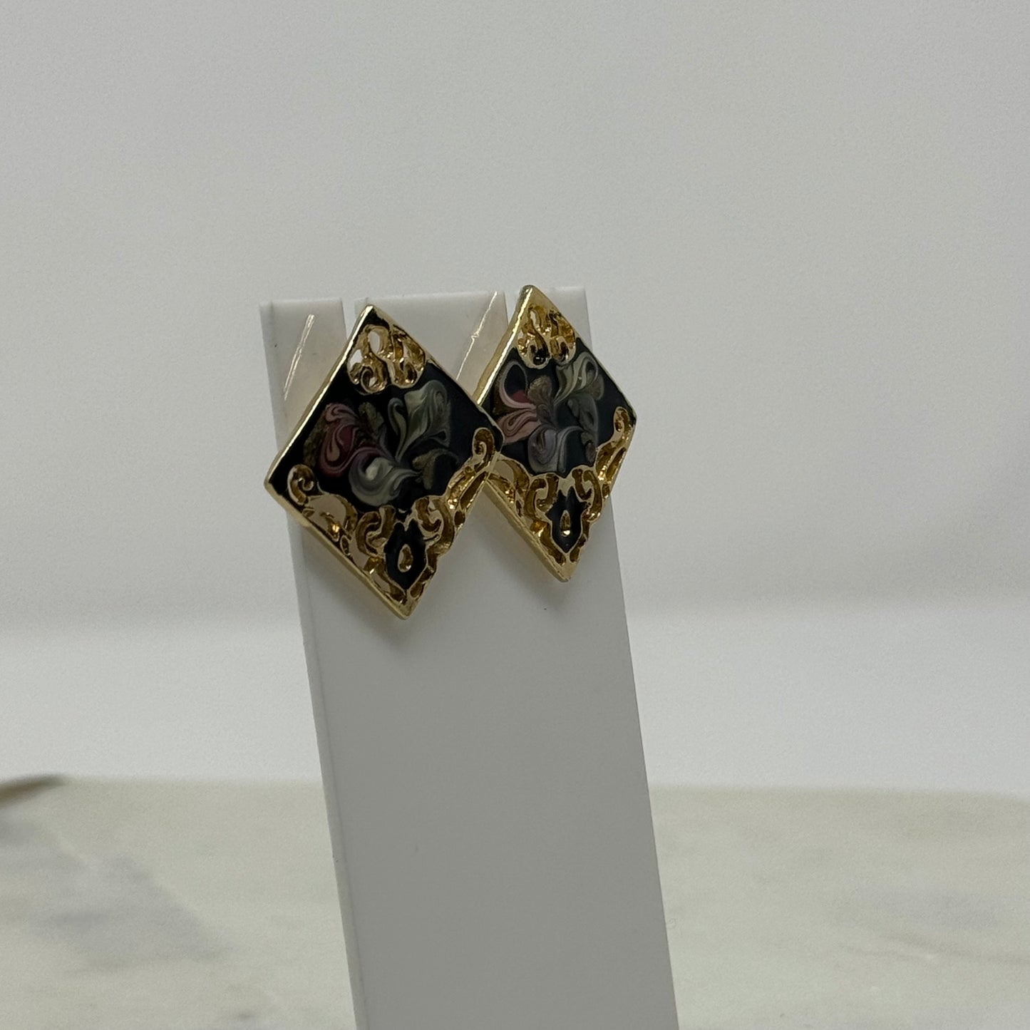 Vintage Intricate Square Enamel Stud Earrings