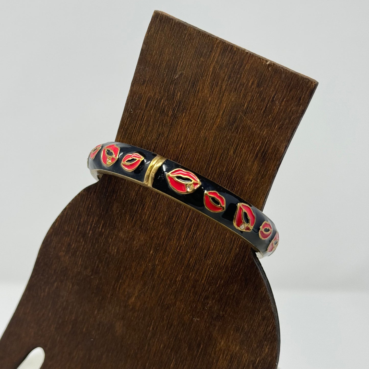 Betsy Johnson Black Enamel Bracelet with Red Lip Design Statement Jewelry