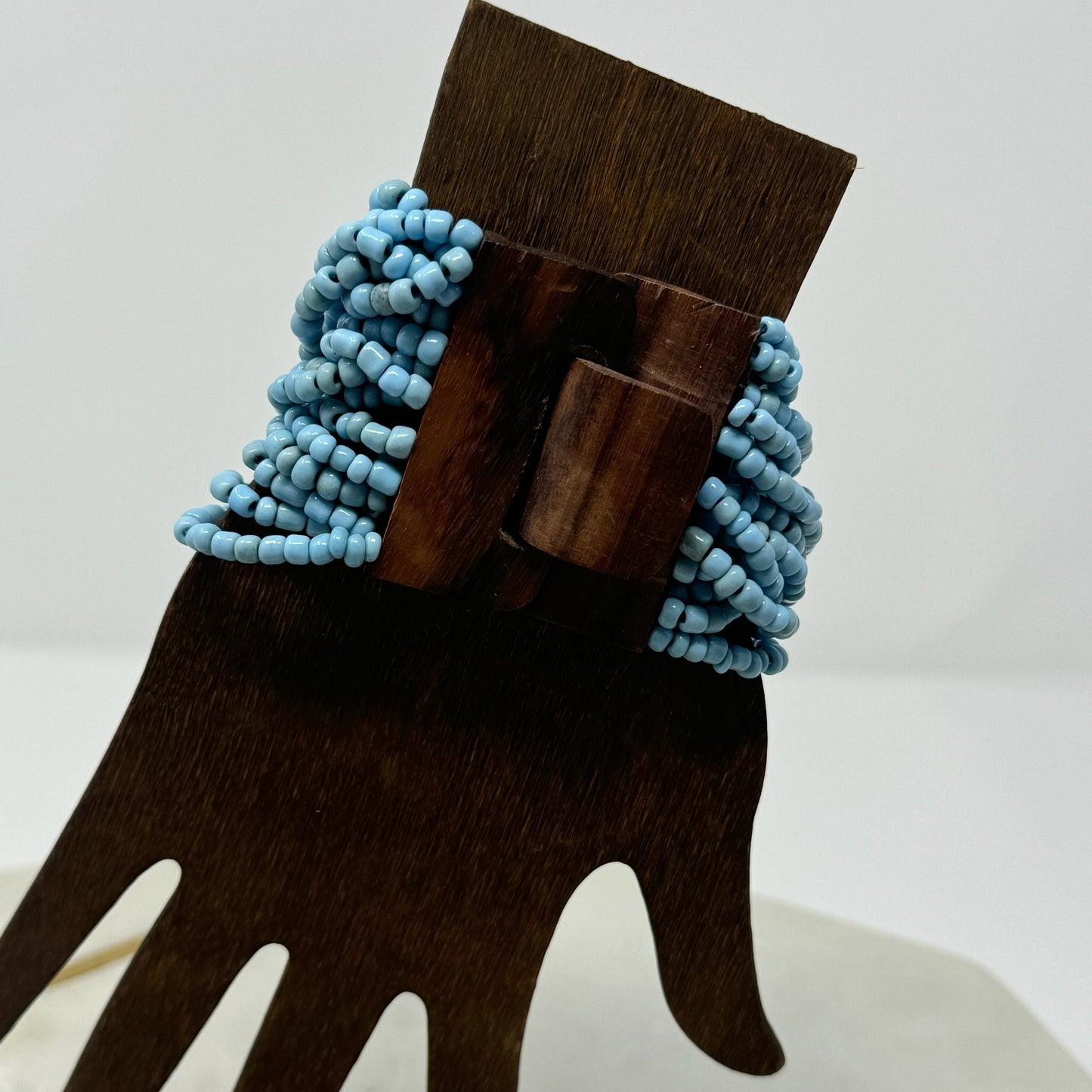 Bracelet Blue Multi-Layer Seed Beaded Cuff Wood Toggle Closure Bracelet 8 in Fashion Jewelry