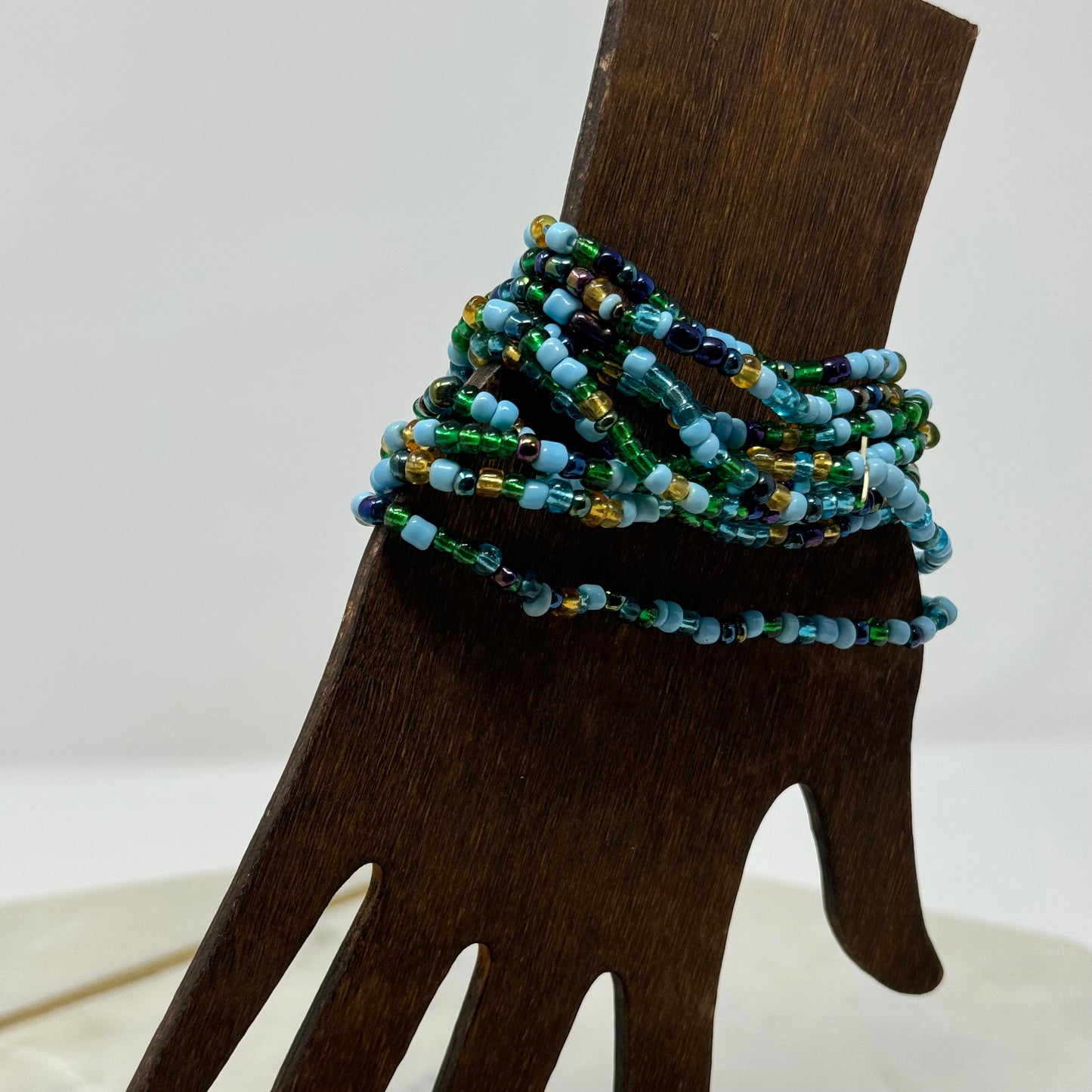 Womens Bracelet Blue Multi-Layer Seed Beaded Cuff Toggle Closure Bracelet 8 in