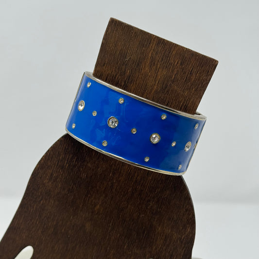 Bracelet Blue Wide Metal Cuff Rhinestone Hinge Bangle 7.5 in Costume Jewelry