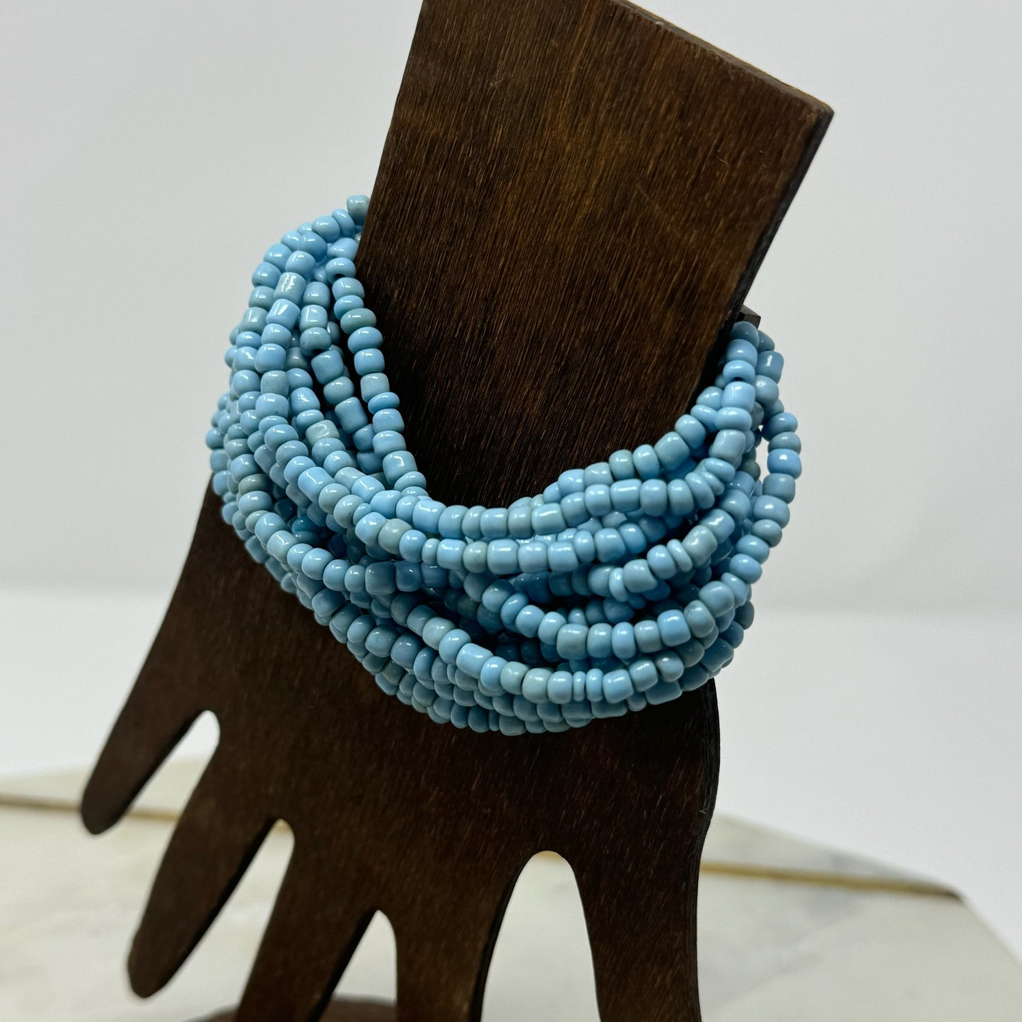 Bracelet Blue Multi-Layer Seed Beaded Cuff Wood Toggle Closure Bracelet 8 in Fashion Jewelry