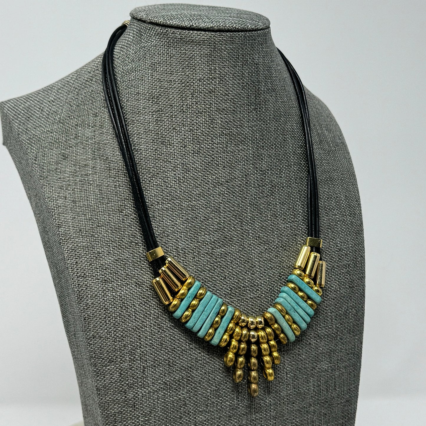 Necklace Boho Southwest Beaded Gold Tone Turquoise 14 in Cord